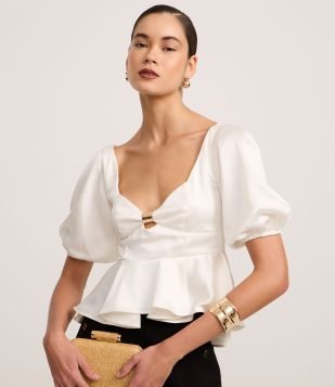 Blusa Peplum Acetinada com Aviamento no Decote Coração Off White