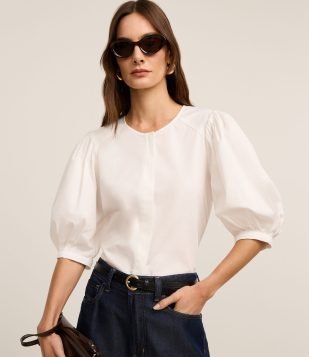 Blusa em Tricoline com Manga Bufante 3/4 Branco