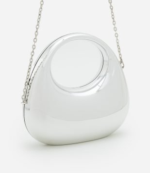 Bolsa Clutch Pequena Estruturada com Alça de Corrente Prata