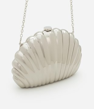 Bolsa Clutch Pequena em Metal com Formato de Concha Prata