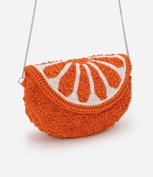 Bolsa Hobo em Miçanga com Alça Transversal e Tampa de Laranja Laranja
