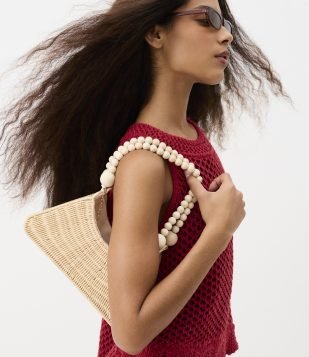 Bolsas Baguete em Palha com Alça Dupla de Bolinhas Bege