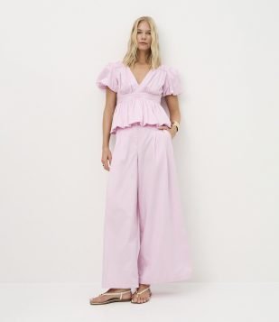 Calça Pantalona em Tricoline com Barra Ajustável Rosa Claro