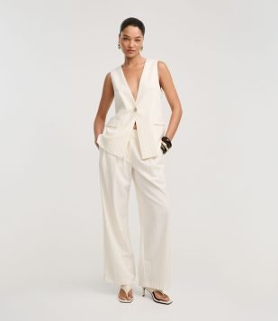 Calça Reta Alfaiatada Cintura Alta em Viscose com Listras Off White