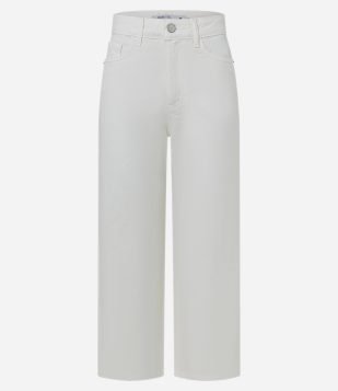 Calça Reta Cropped em Sarja com Passantes no Cós Branco