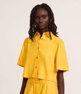Camisa Boxy em Viscose com Mangas Bufantes Amarelo