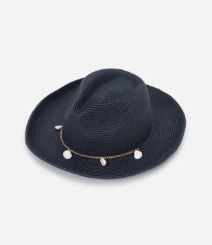 Chapéu Panamá de Palha com Corrente e Conchinhas Azul
