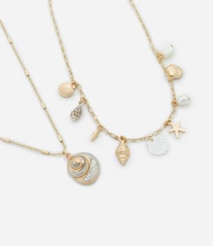 Colar Camadas com Pingentes de Conchas e Estrelas do Mar Dourado