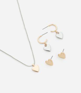 Conjunto 01 Colar e 01 Brincos de Formato de Coração Dourado