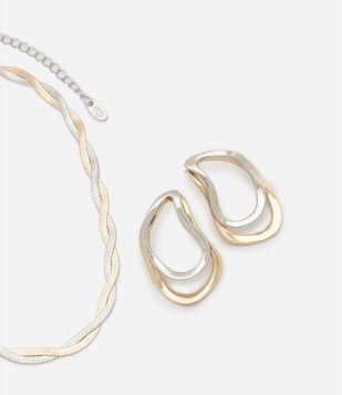 Conjunto de Brinco e Colar com Formato Orgânico Duplo Dourado/Prata