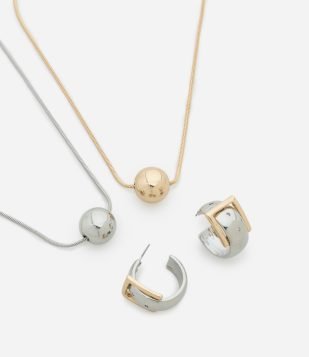 Conjunto de Colar Camadas com Esferas e Brinco Argola Bicolor Prata/Dourado