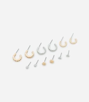 Kit 06 Brincos Argolas e Ponto de Luz Bicolor Dourado/Prata