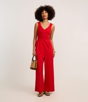 Macacão Longo em Sarja com Detalhe Entremeio Vermelho