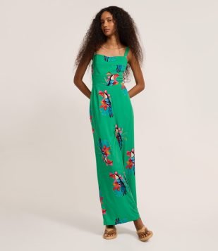 Macacão Pantalona em Viscose com Estampa Tucanos Verde