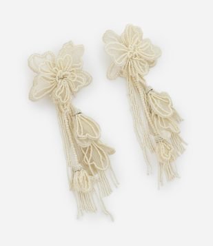 Maxi Brinco de Miçangas com Forma e Flor e Franjas Off White