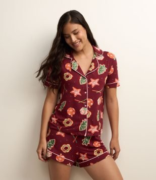 Pijama Americano Short Doll em Viscose com Estampa Natalina Vermelho