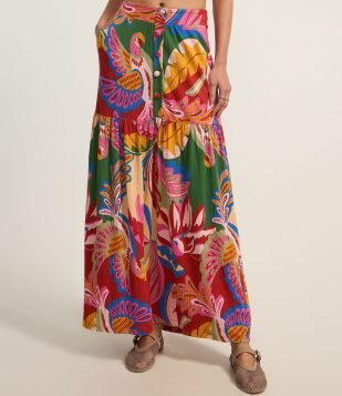 Saia Long Midi Evasê com Textura e Estampa Tropical Vermelho