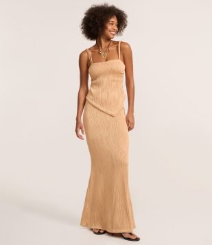 Saia Long Midi com Textura Plissada Dourado