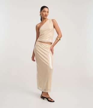 Saia Longa com Paetê Transparente e Ponto Vazado Dourado