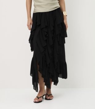 Saia Longa em Chiffon com Babados e Fenda Preto