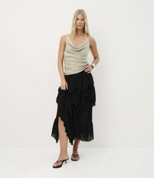 Saia Longa em Chiffon com Babados e Fenda Preto