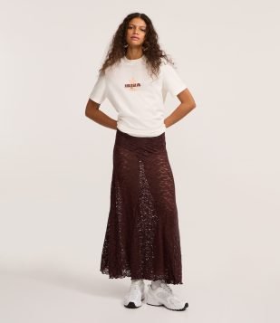 Saia Longa em Renda Floral Sem Forro Marrom