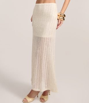 Saia New Midi em Tricô com Paetês Off White
