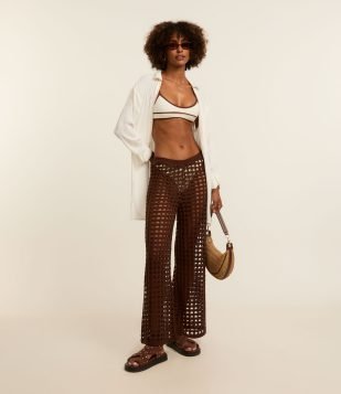 Saída de Praia Calça Efeito Crochê Vazado Marrom