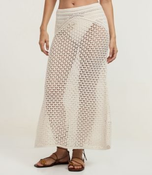 Saída de Praia Saia Midi em Tricô com Pala Trabalhada Off White