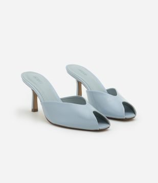 Sapato Mule de Bico Folha em PU com Salto Alto Fino Azul Claro-AC