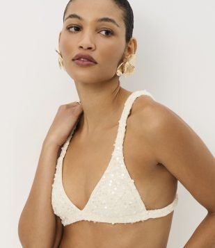 Top de Alça em Tricô com Paetês e Elástico Bege