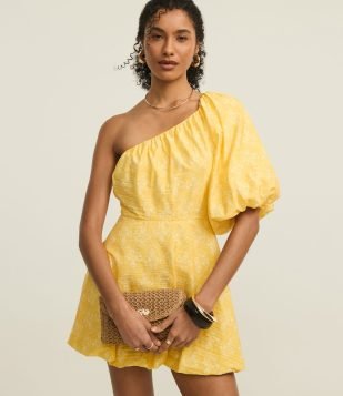 Vestido Balonê Ombro Só em Tricoline com Estampa Floral Amarelo
