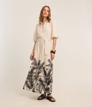 Vestido Chemise em Viscolinho com Estampa Coqueiros Bege