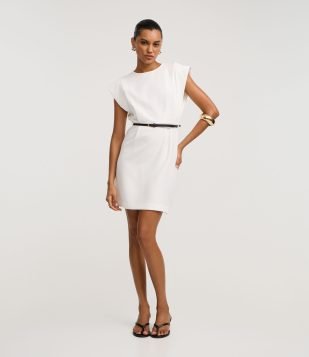 Vestido Curto em Alfaiataria com Cinto de PU Branco
