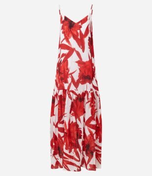 Vestido Evasê Longo em Viscose com Estampa Floral Vermelho/Branco
