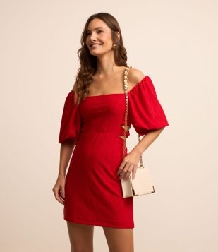 Vestido Evasê Manga Bufante em Laise com Flores Texturizadas Vermelho