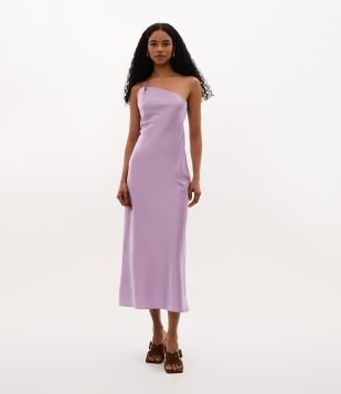 Vestido Long Midi Ombro Só em Cetim com Alça Dupla Lillás