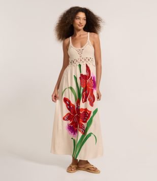 Vestido Long Midi em Viscose com Tricô e Estampa Floral Bege