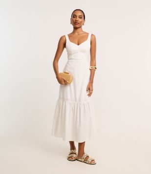 Vestido Longo em Sarja com Decote Coração Recortado Branco