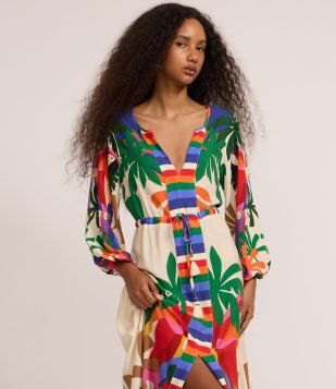 Vestido Longo em Viscose com Estampa Tropical Boho Multicores