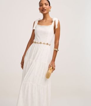 Vestido Midi em Laise com Amarração nos Ombros Off White