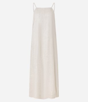 Vestido Reto Midi em Viscolinho com Decote Halter Bege