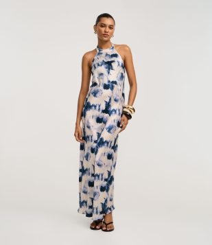 Vestido Slip Longo em Cetim com Estampa Abstrata Azul Off White