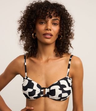 Biquíni Top Bandeau com Estampa Calçadão e Alça Removível Preto e Branco