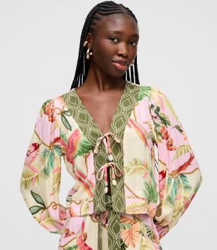 Blusa Manga Longa com Estampa Tropical e Amarração Rosa e Verde