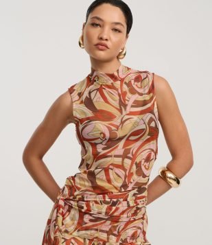 Blusa em Chiffon com Amarração e Estampa Abstrata Multicores