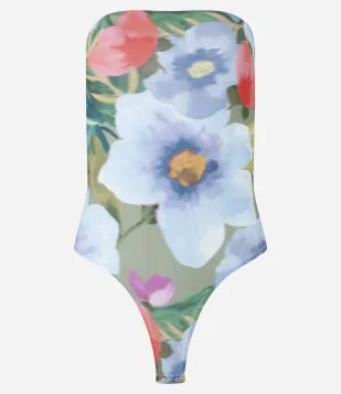 Body em Microfibra Tomara que Caia com Estampa Floral Verde