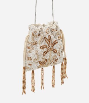 Bolsa Bucket em Paetês com Coqueiro de Miçanga Off White/Bege