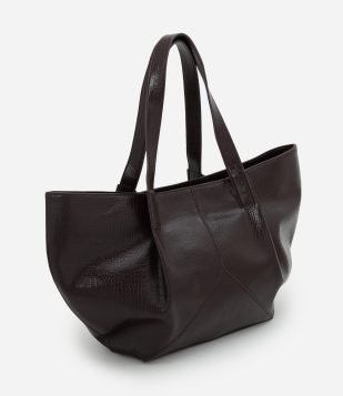 Bolsa Shopper Grande com Textura Croco e Metais Light Gold Vinho