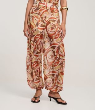 Calça Aladim em Chiffon com Cós Largo e Estampa Abstrata Multicores
